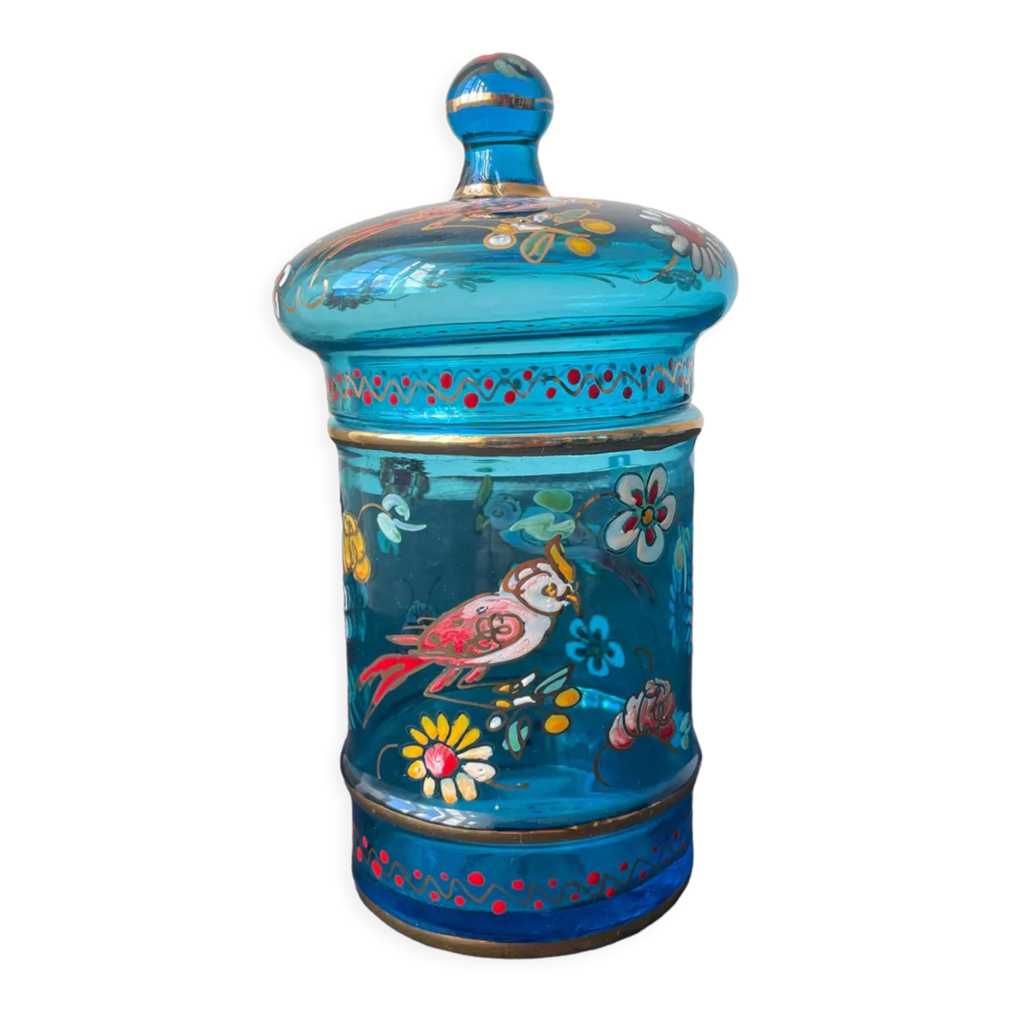 Hand-painted blue glass pot flowers and birds