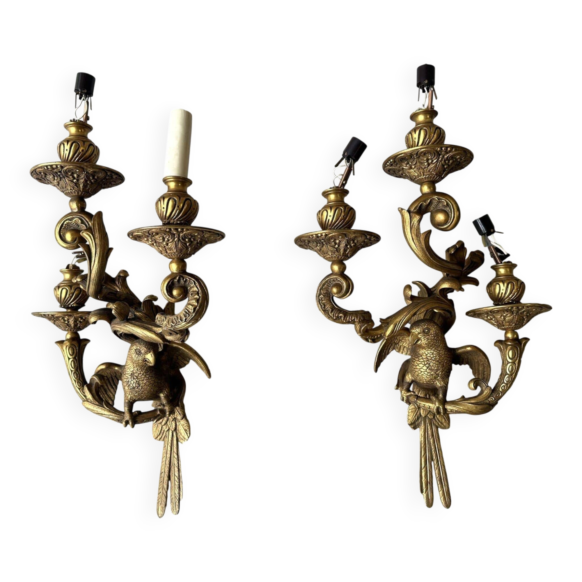 Pair of bronze wall sconces with parrots, early 20th century.