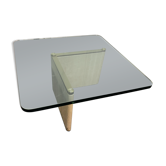 Table basse vintage carrée travertin et dalle de verre vers 1970