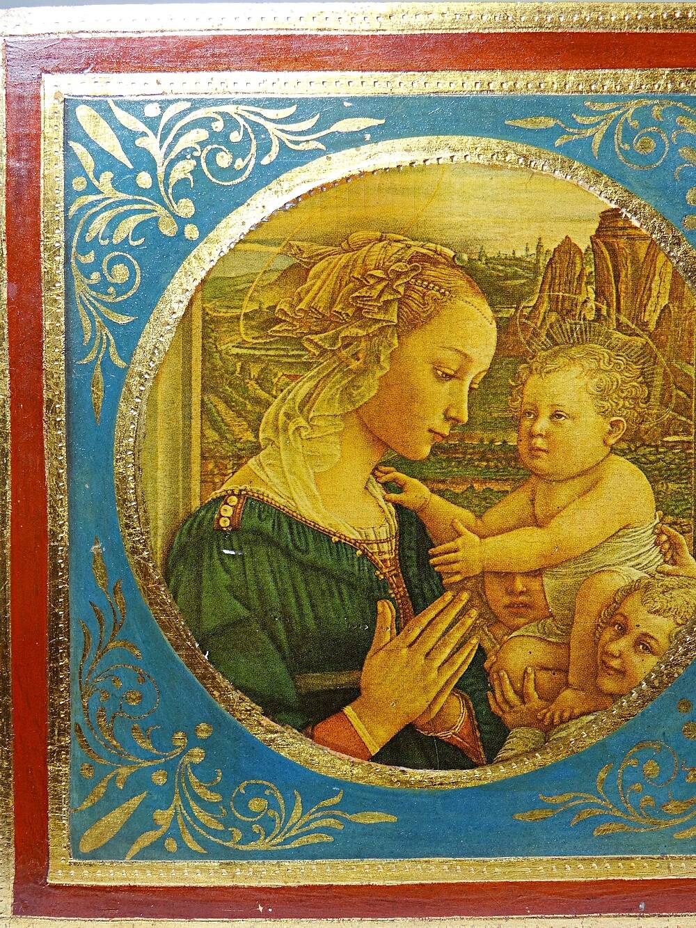 Small Florentine miniature painted wooden plaque "The Adoration" Virgin and Child