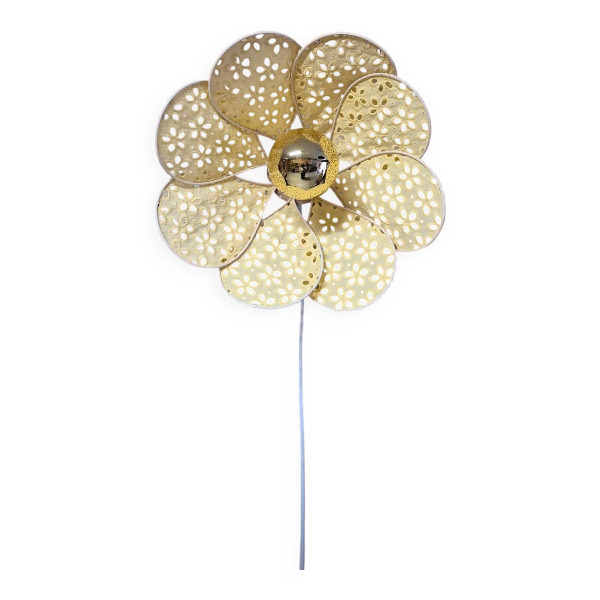 Wall sconce with flower, rattan petals and pastel yellow eyelet embroidery