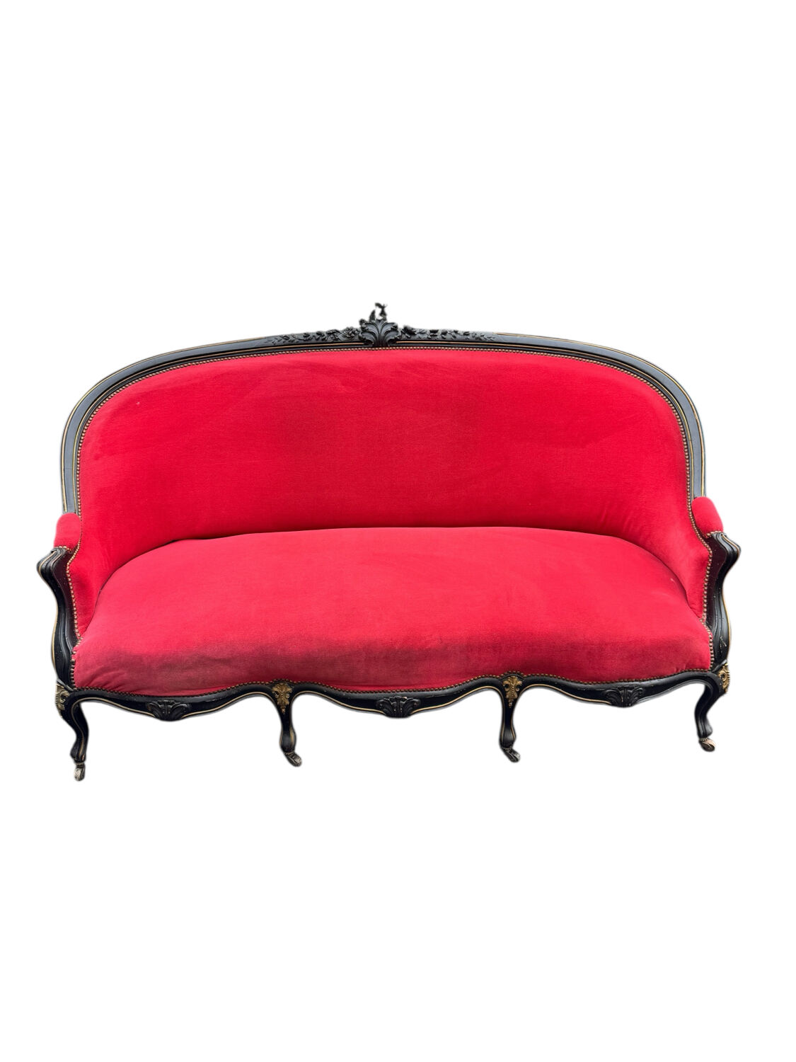 Napoleon III period bench – Blackened wood, brass and red velvet