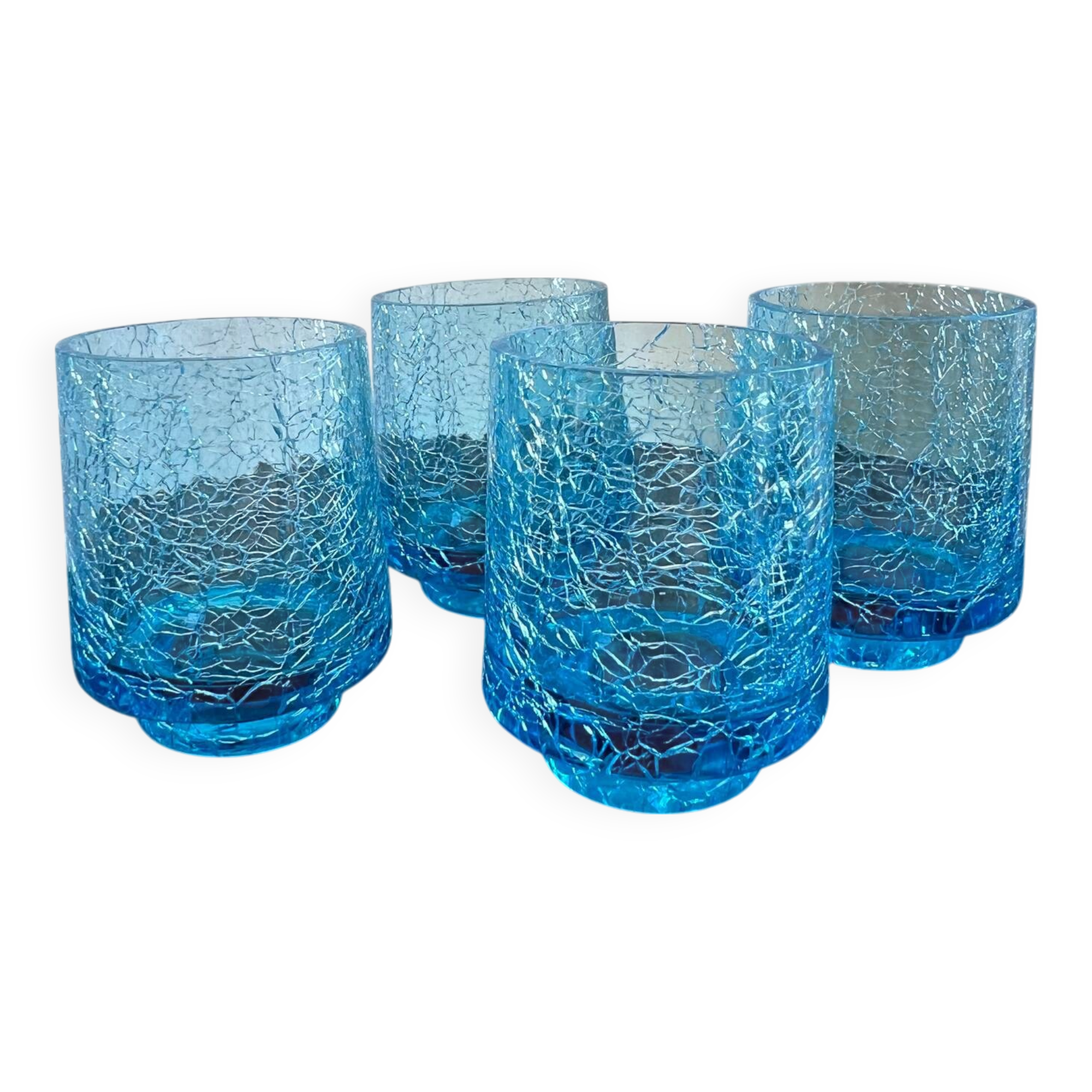Set of 4 vintage azure blue crackled glass vases – ref. 7239