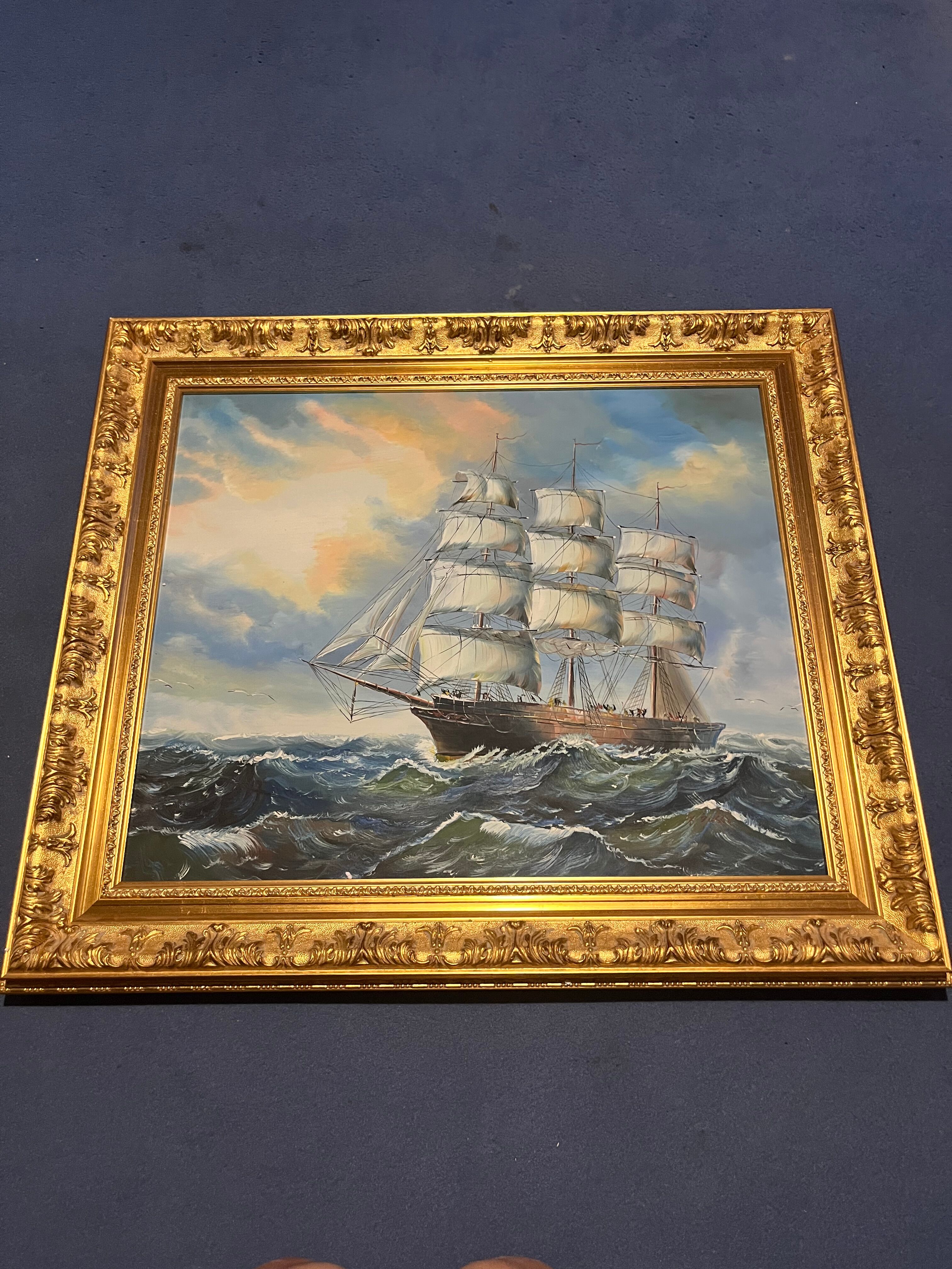 Large Marine Painting 3-Mast Sailing Ship - Sunset Sky