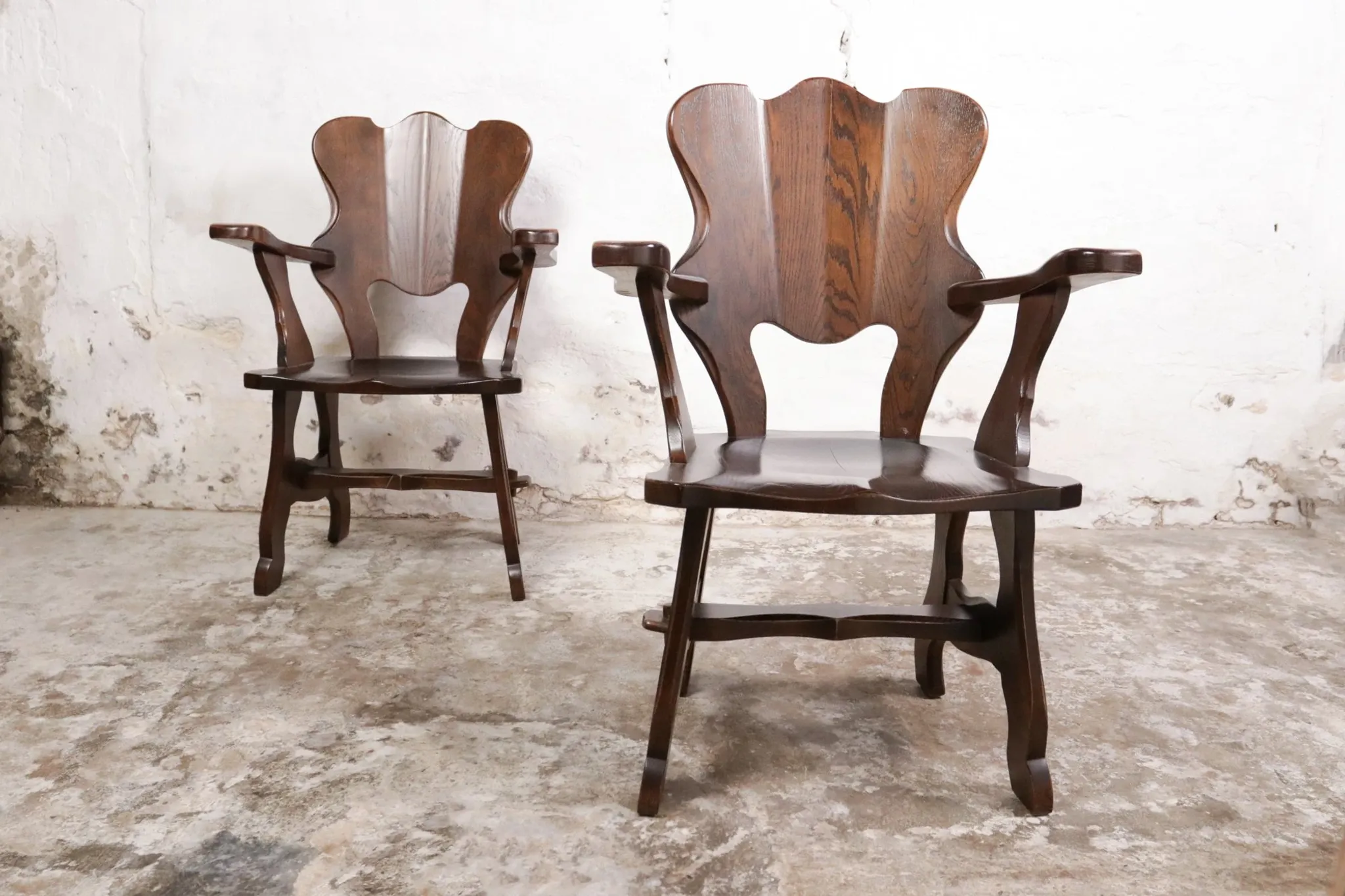 Story book brutalist wabi sabi oak fireplace lounge chairs