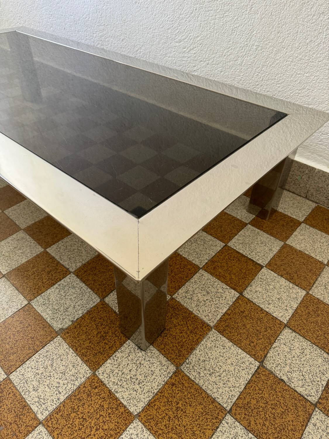 Rectangular coffee table in chrome steel and smoked glass from the 70s