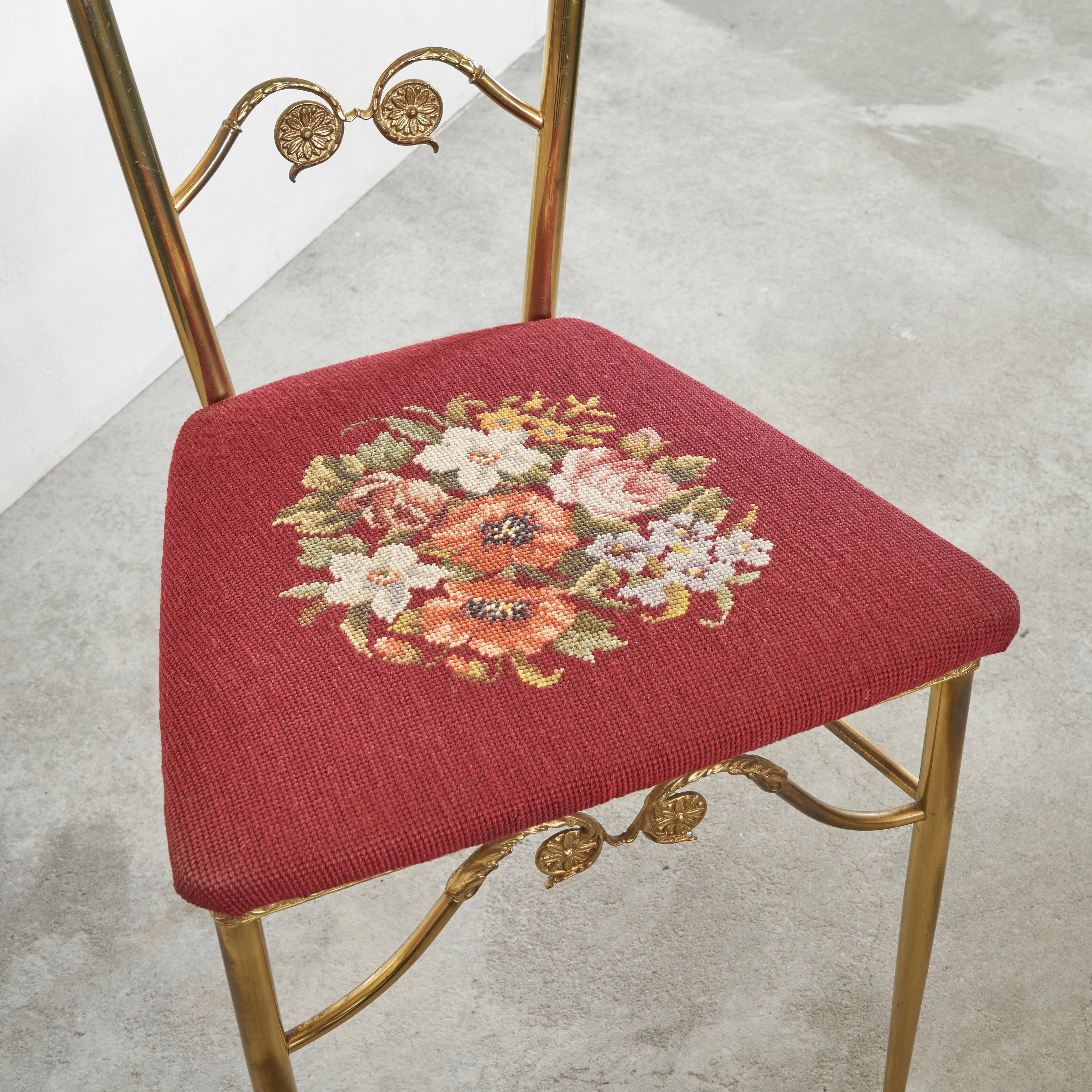 Chiavari chair with high back, brass, embroidery from the 1960s.