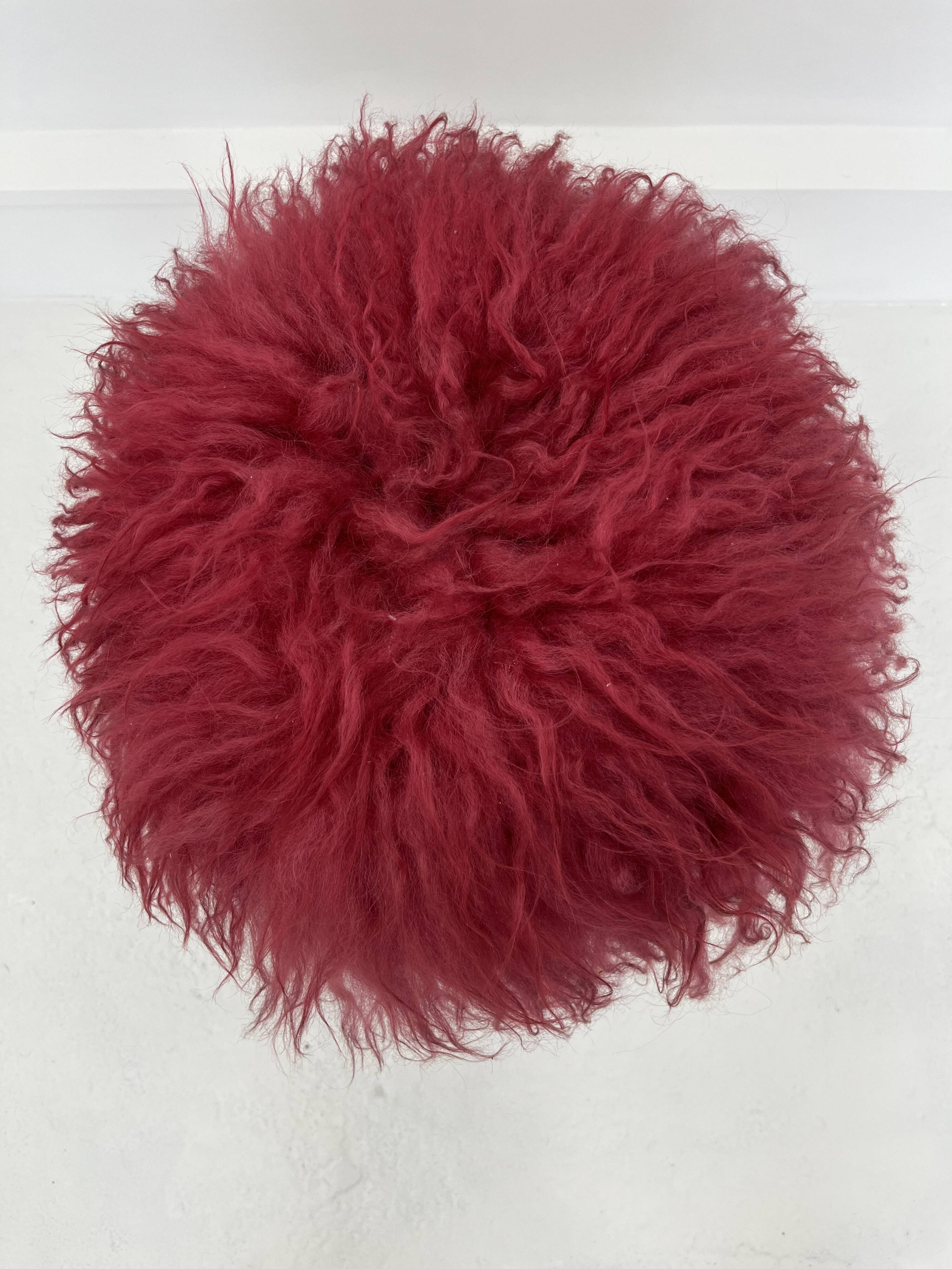 Midcentury Modern Red Flokati Stool, 1950