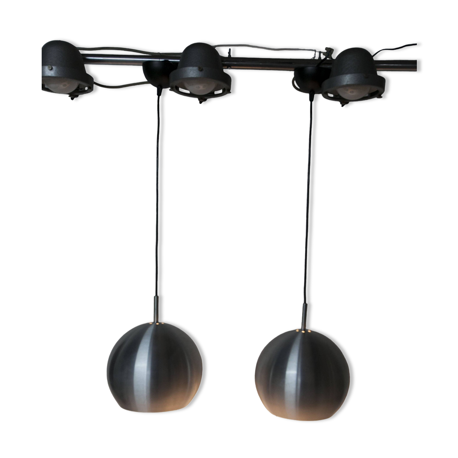 Pair of functional 70's aluminum ball pendants