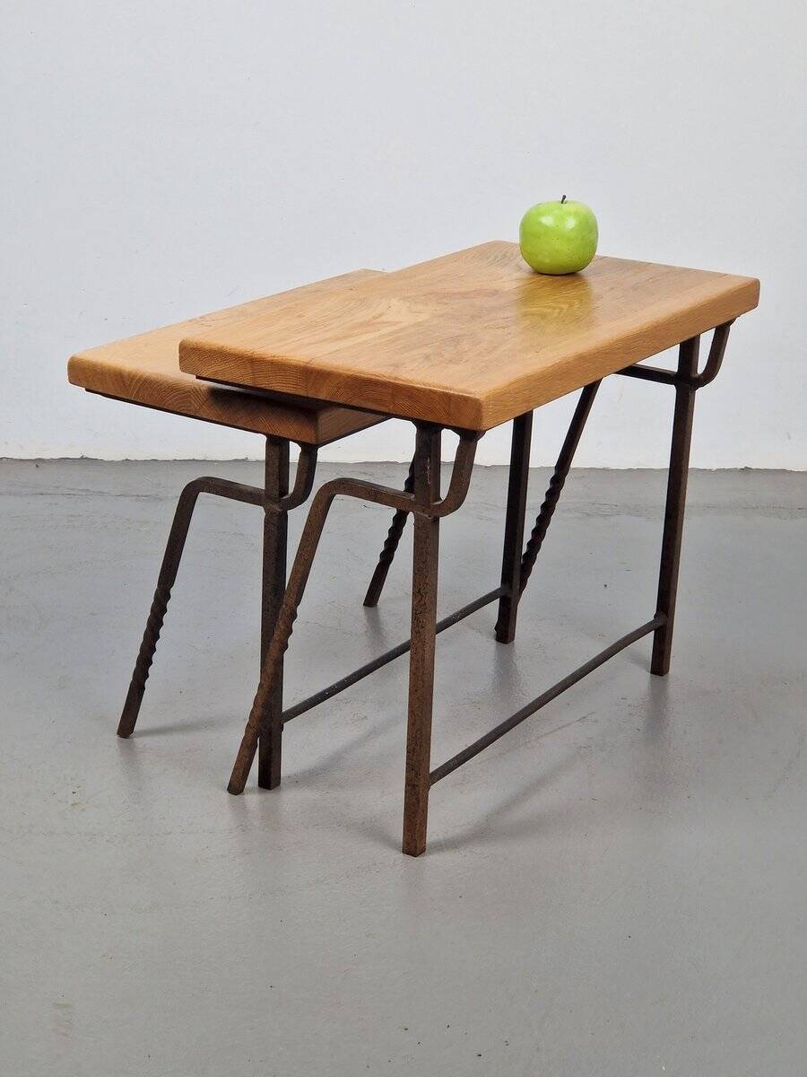Brutalist Cast Iron and Oak Nesting Tables, 1970s, Set of 2