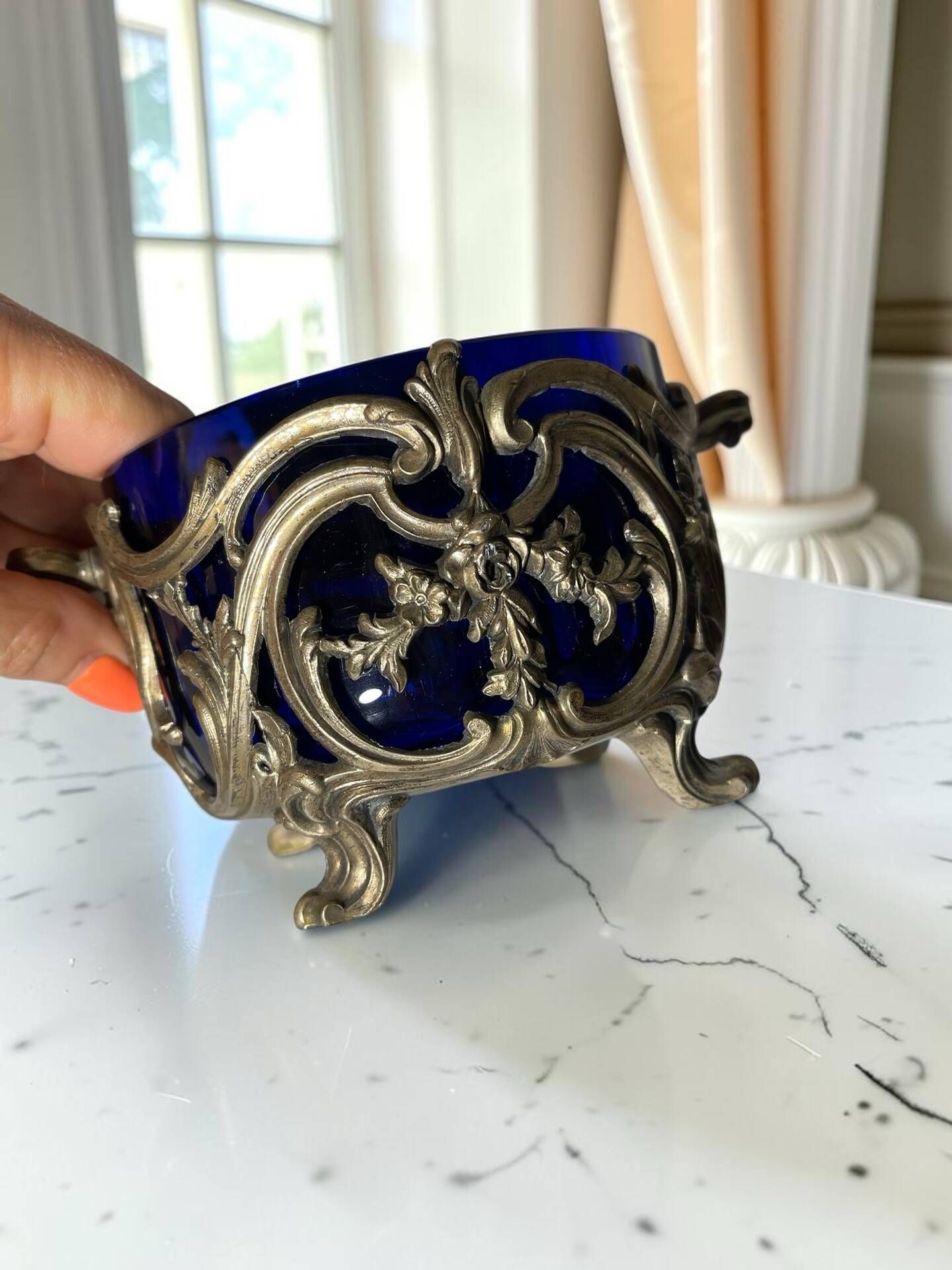 Antique cobalt blue glass biscuit barrel with ornate metal – Louis style