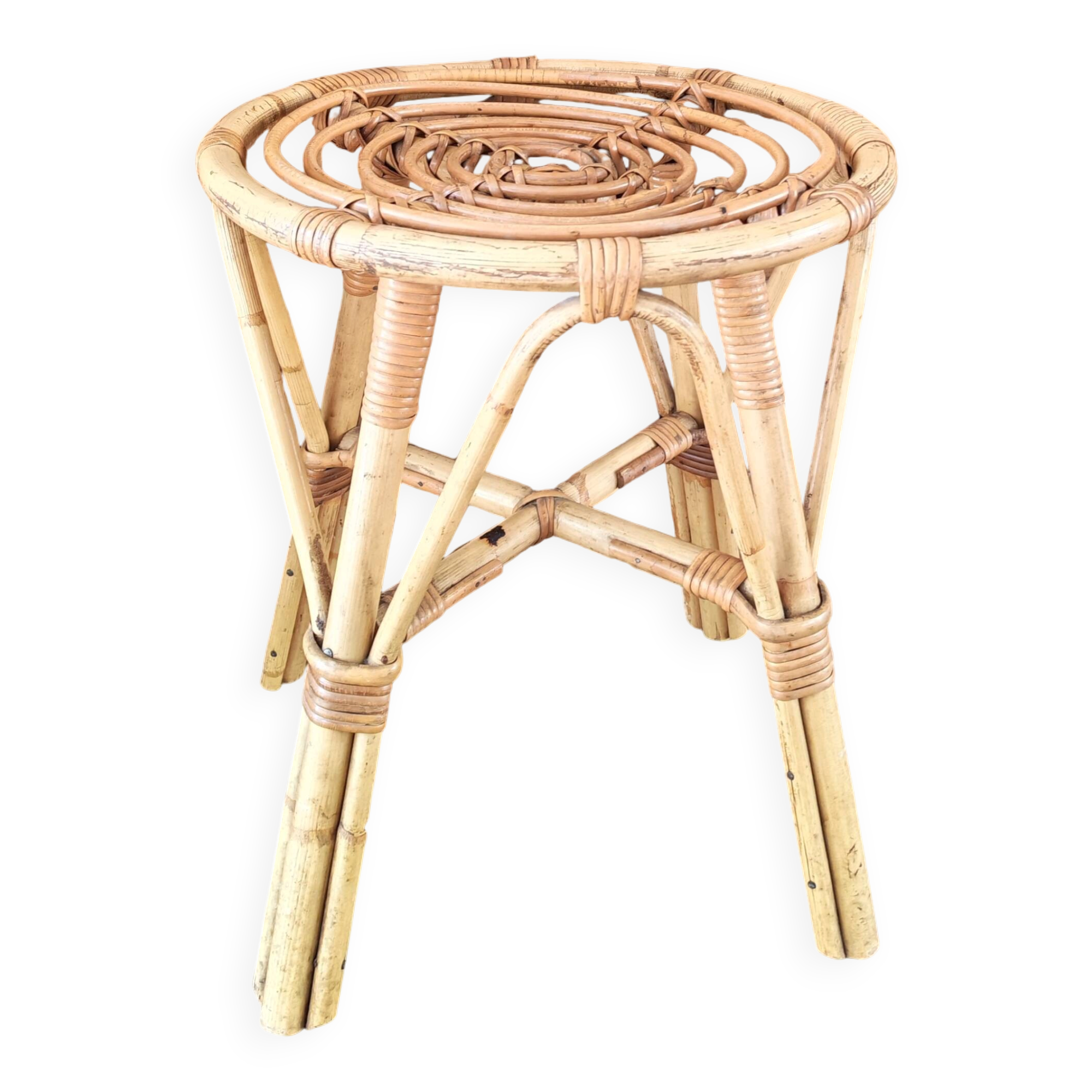Spiral stool in bamboo rattan in the style of Jean Royère.