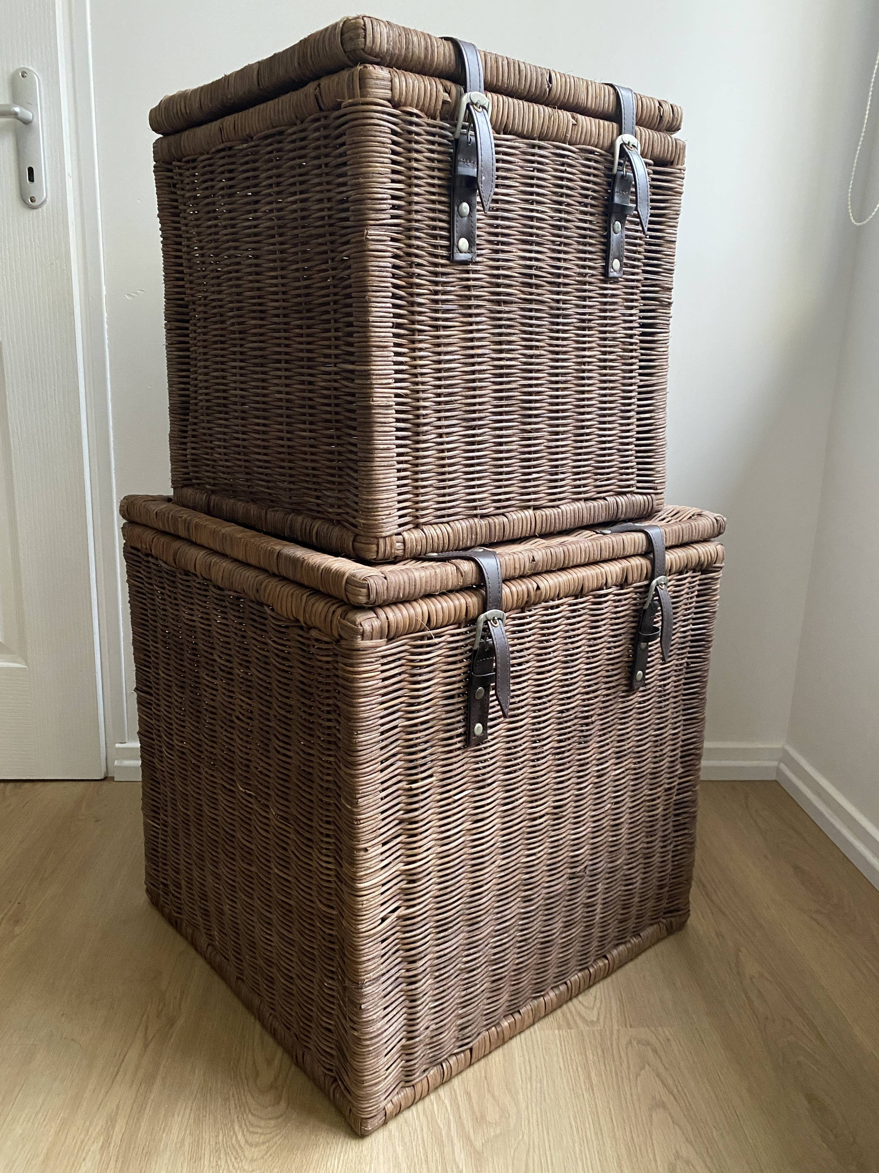 Set of two large trunks, vintage wicker storage chests