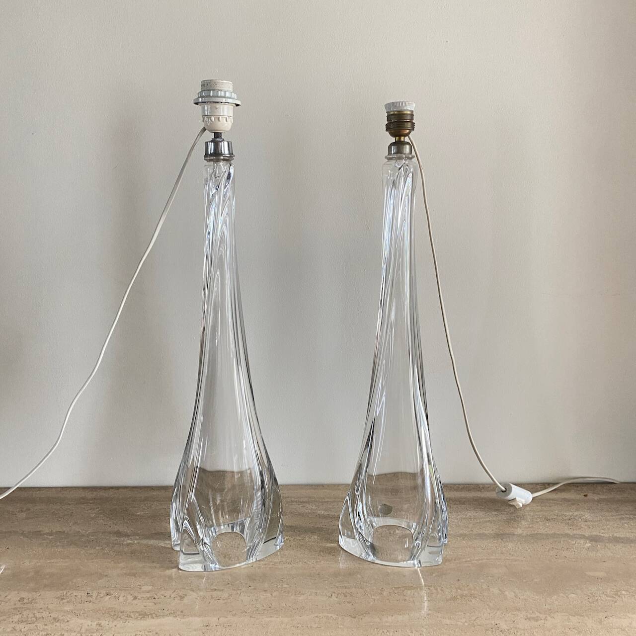Pair large clear crystal val saint lambert table lamps - belgium 1950's