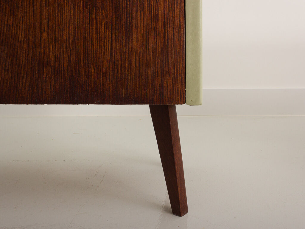Pair of vintage bedside tables completely restyled in pale green on solid beech compass legs