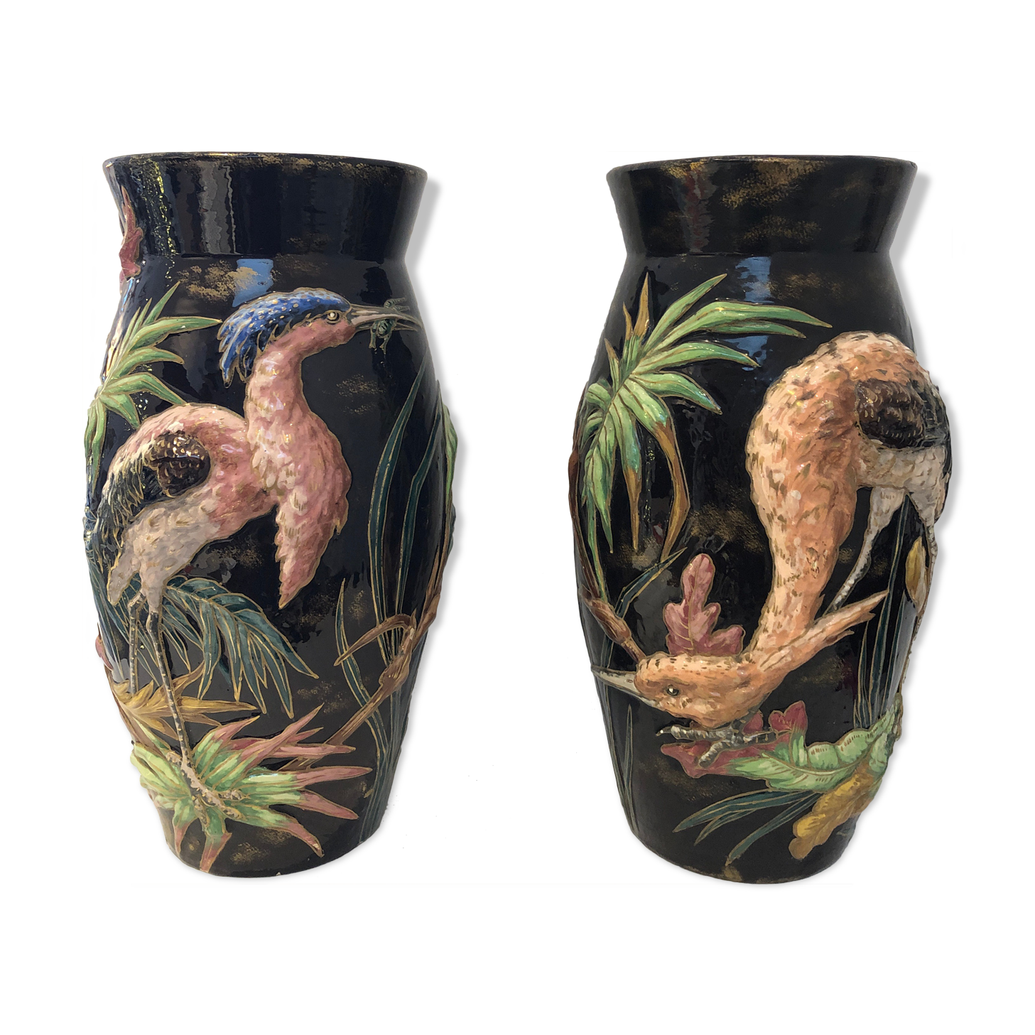 Paire de vases "Aux Hérons" Barbotine Longchamp, début 20ème
