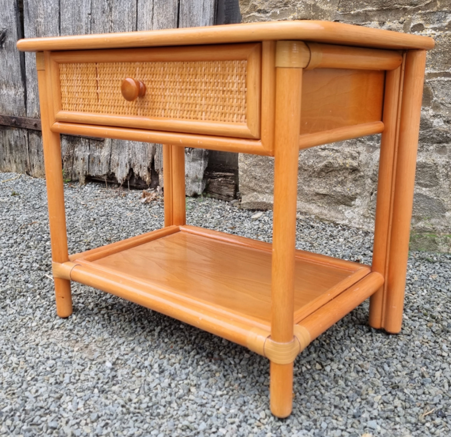 Maugrion bedside table for Roche Bobois, wood and rattan, 80s