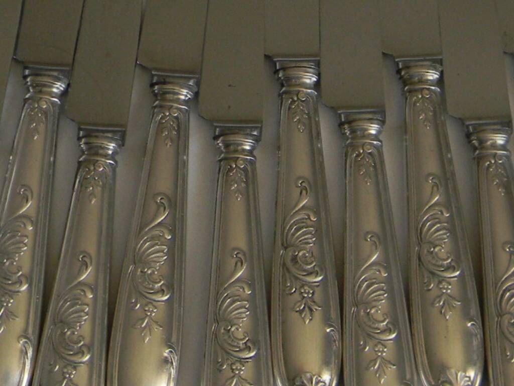 Set of 12 knives with silver metal handles and stainless steel blades.
