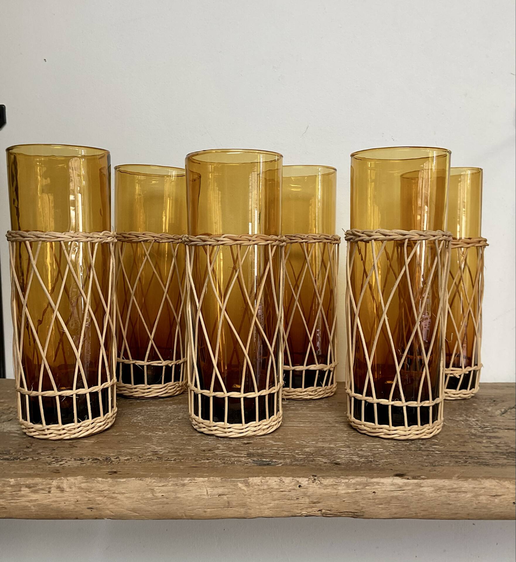 6 amber long drink glasses with wicker