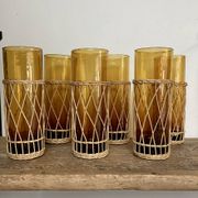 6 verres long drink ambrés et osier