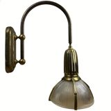 Art deco holophane cut glass and brass wall lamps, 1970