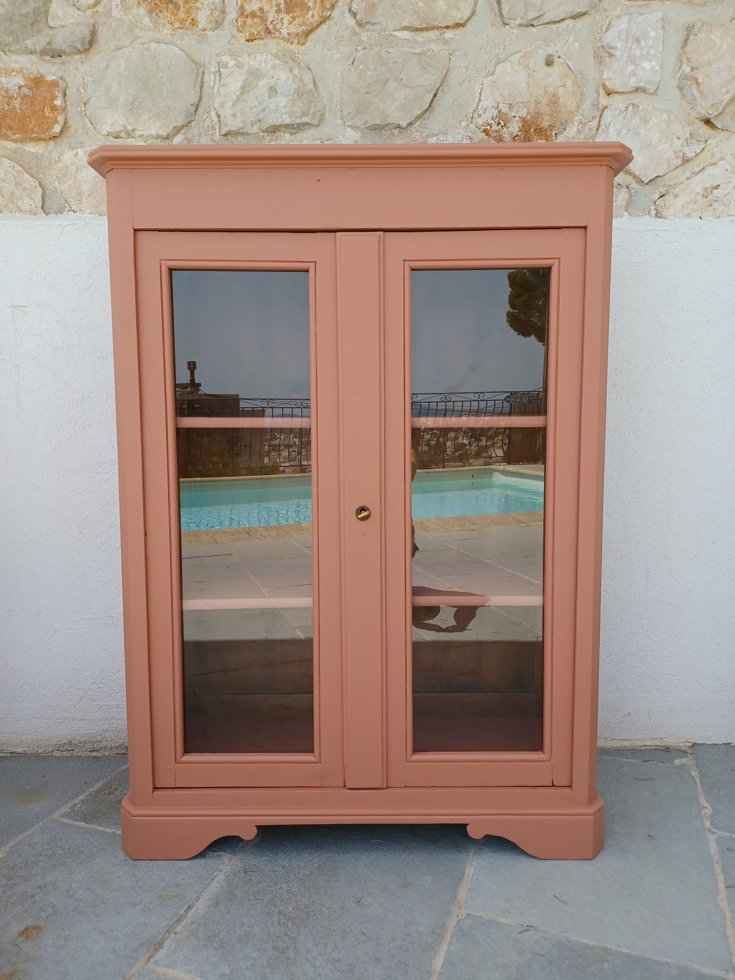 Antique showcase, cupboard, glass cabinet, wood and terracotta, Parisian format