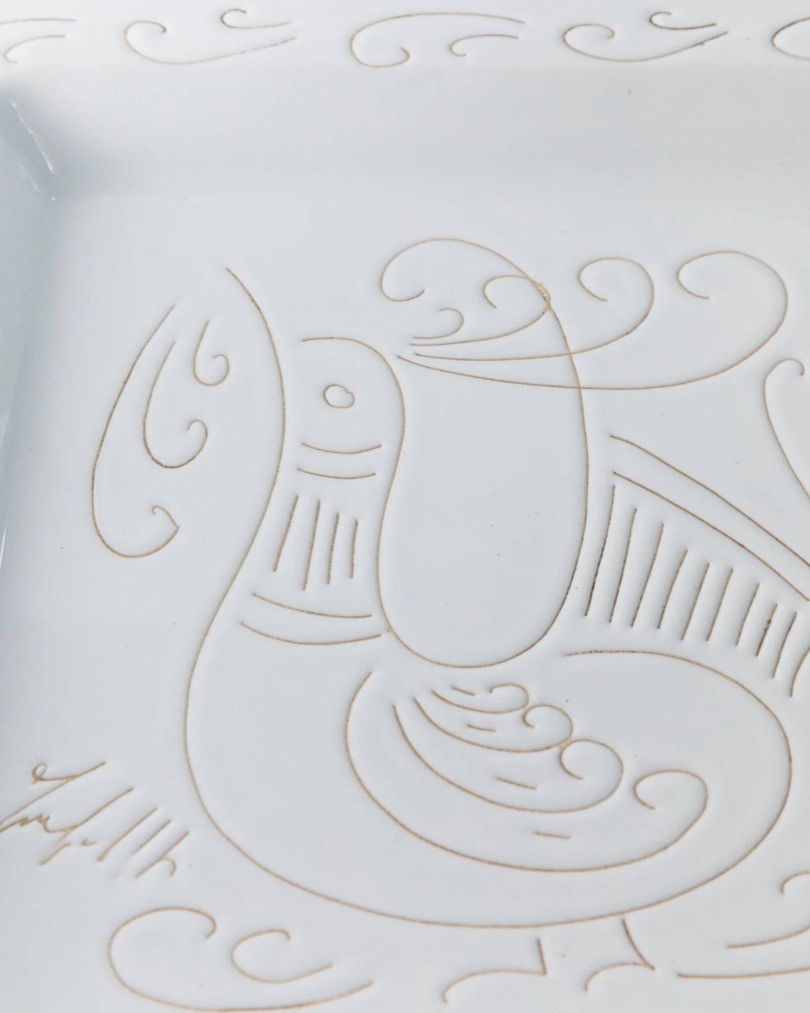 White Ceramic Plate with Etched Rooster Relief – Vintage Mid-Century Square Plate, Jacques Innocenti Style
