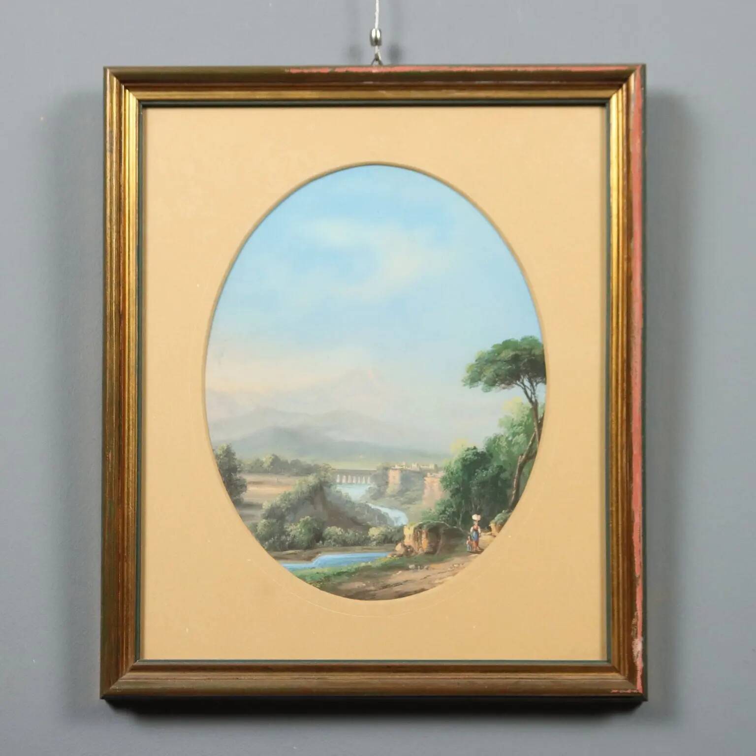 Modern painting landscape with figures, tempera on cardboard, '900