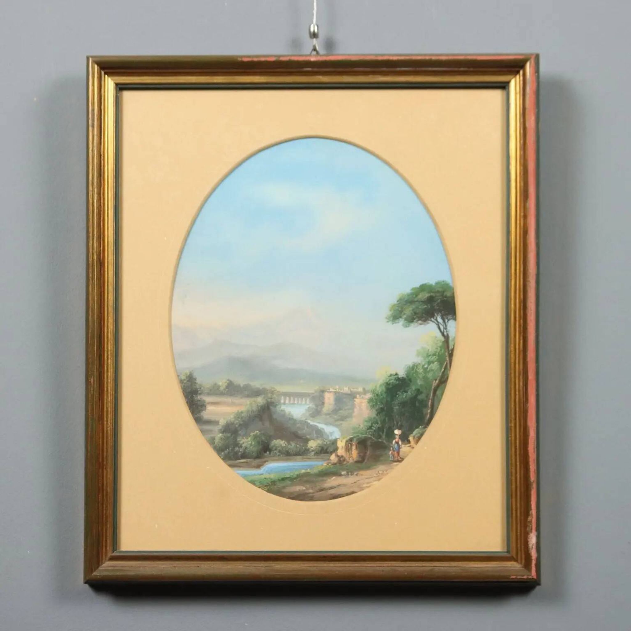 Modern painting landscape with figures, tempera on cardboard, '900
