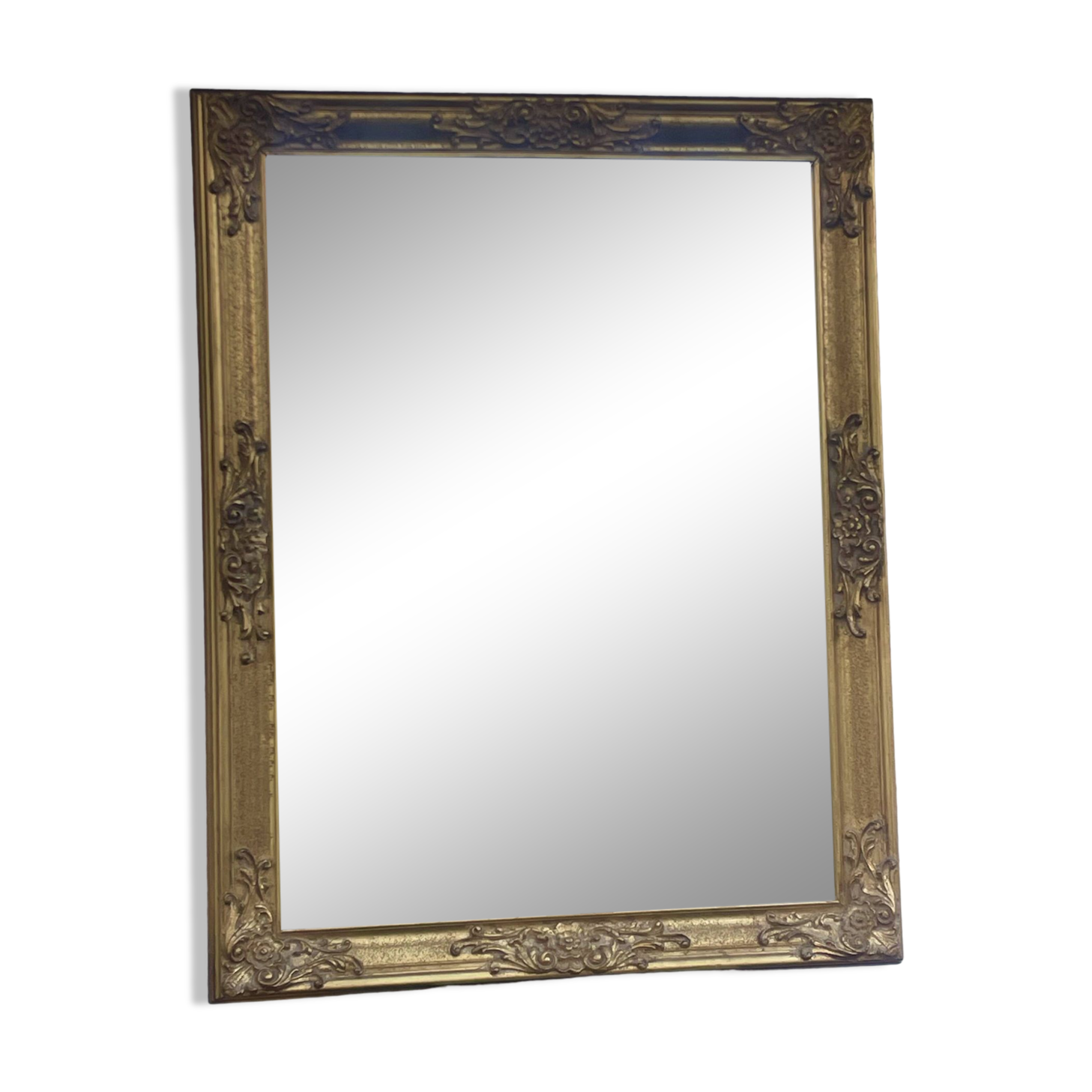 vintage bevelled mirror in rectangular shape, stucco and gilded wood in Louis XV baroque style