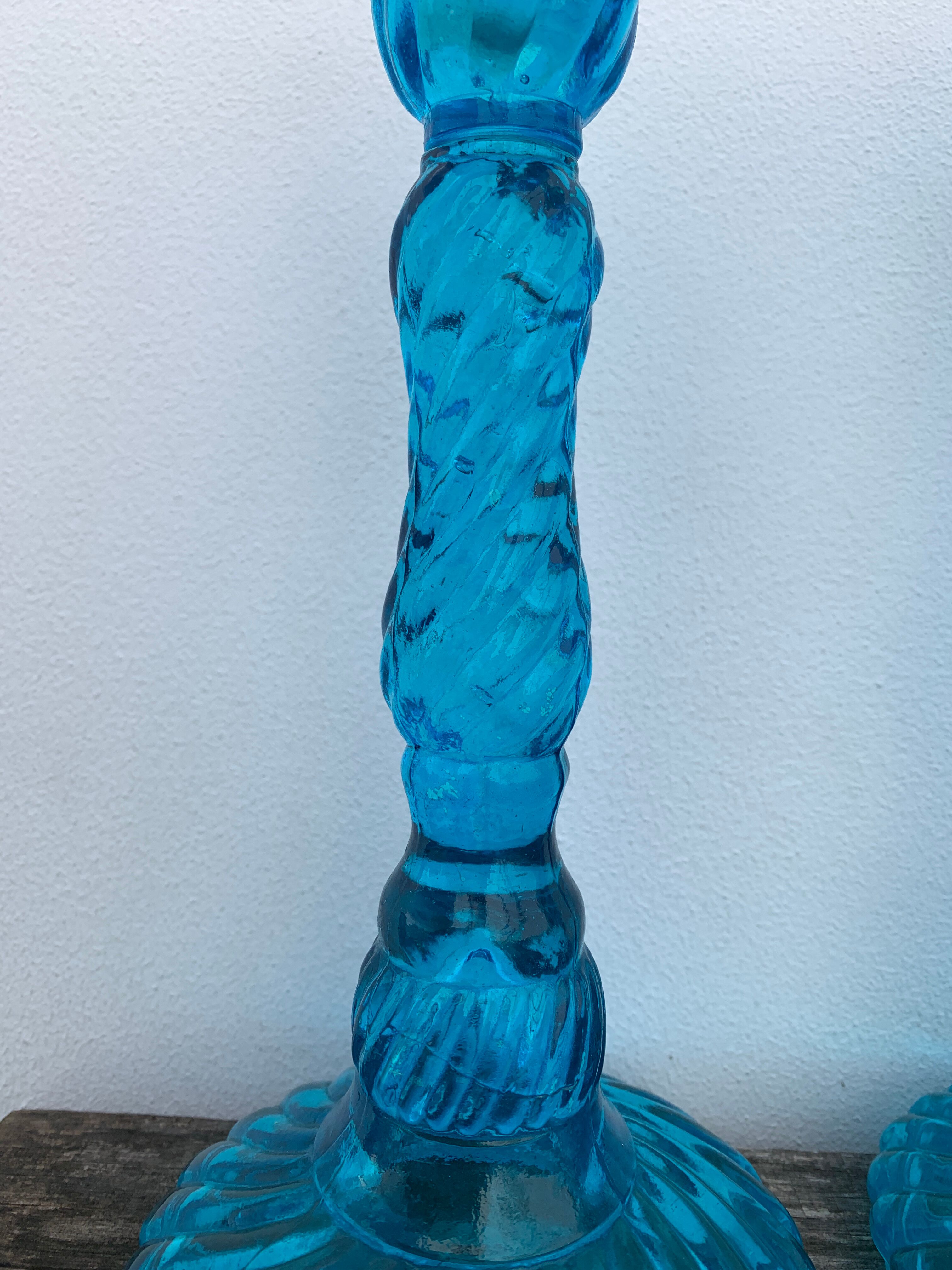 Pair of molded pressed blue glass candle holders