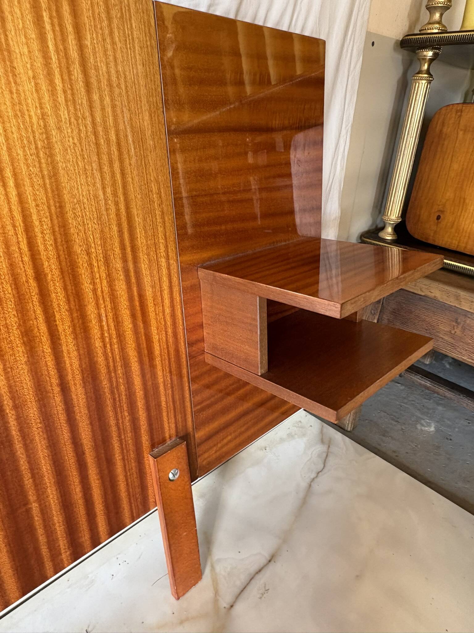 Varnished mahogany headboard, integrated bedside tables, 1960s