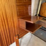 Varnished mahogany headboard, integrated bedside tables, 1960s