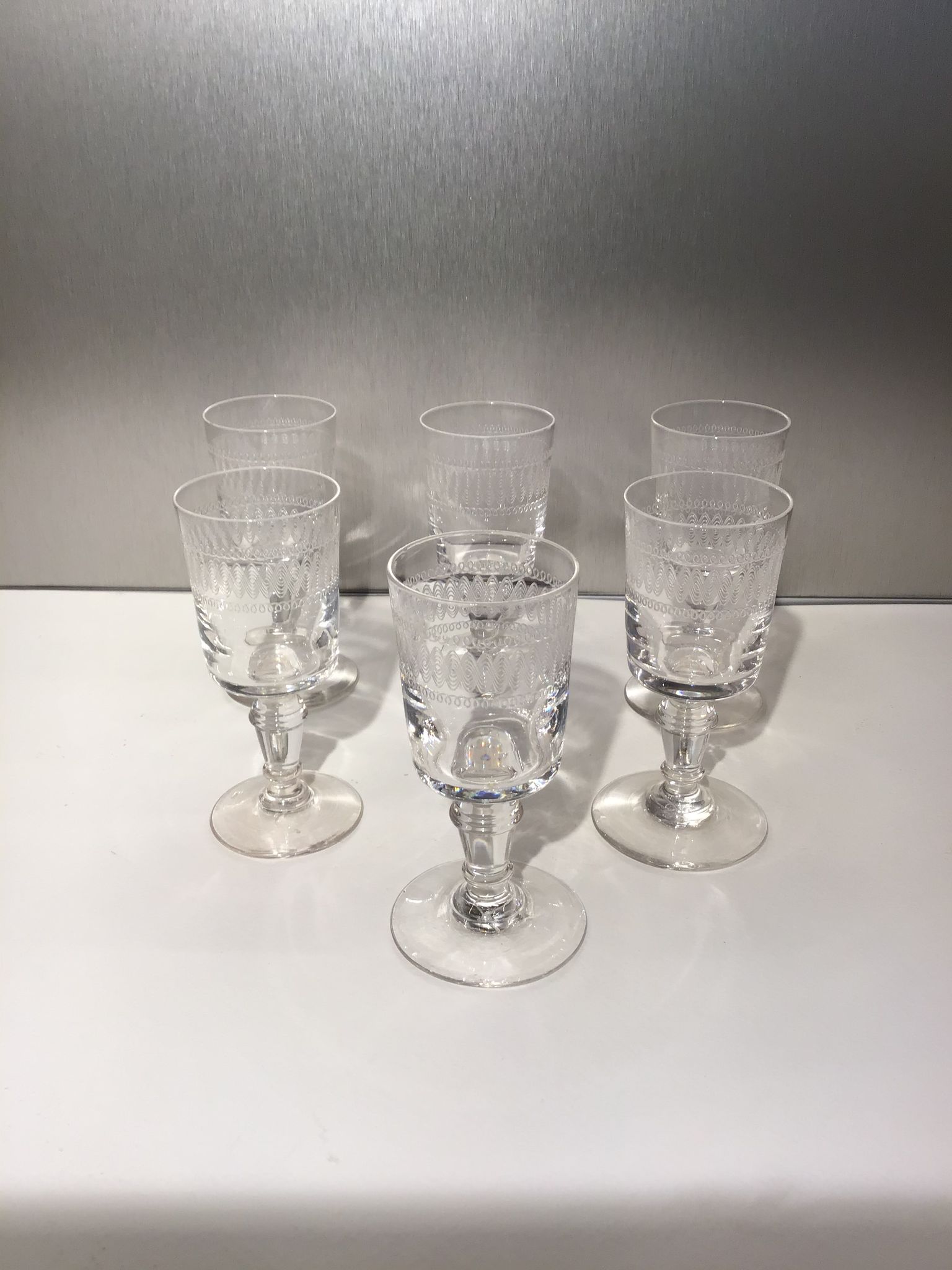 Set of 6 liqueur glasses, engraved, early 20th century