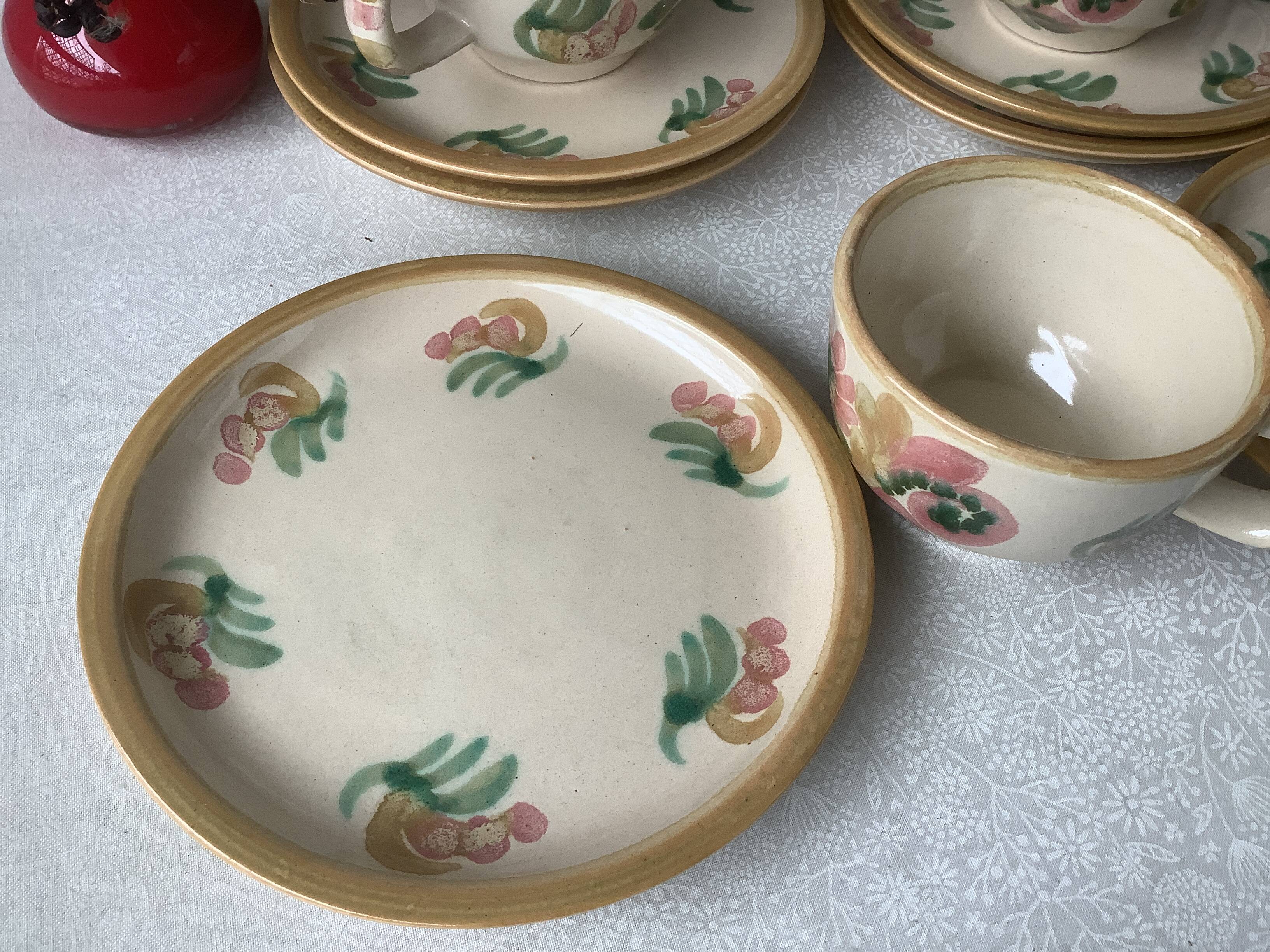 HB Henriot Quimper stoneware cups, hand-painted floral decoration