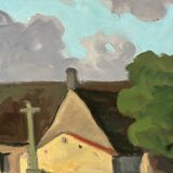 Large oil on panel of a Breton landscape 1950, antique painting signed.