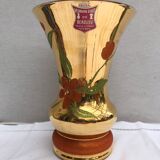 Vase verrerie d’art beaulieu verre peint doré avec décor fleurs vintage