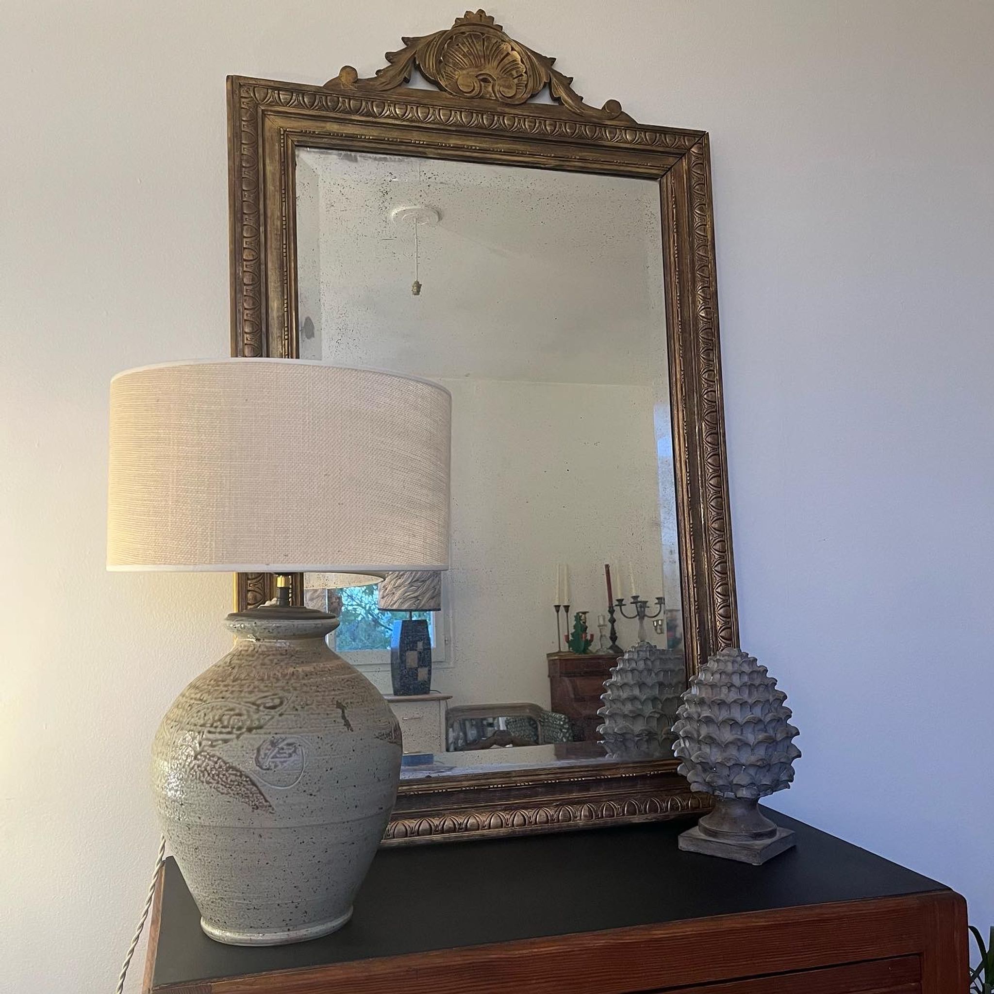Lampe à poser.en grès vintage et abat jour en jute neuf