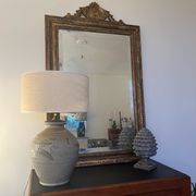Lampe à poser.en grès vintage et abat jour en jute neuf