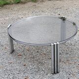 Coffee table design of the 70s smoked glass base chrome Diameter 84cm