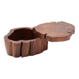 Hollowed out tree trunk wooden box with sliding lid