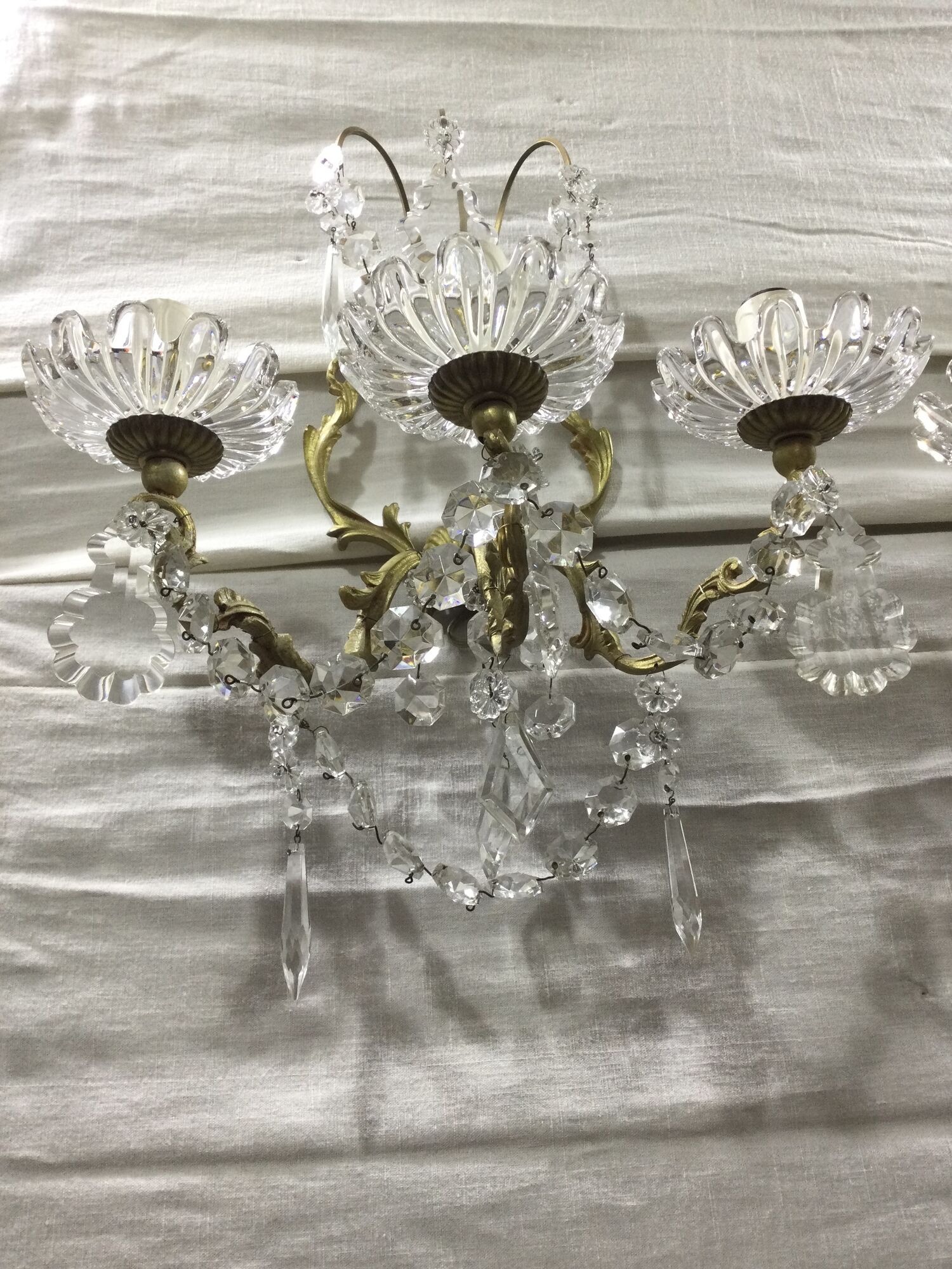 Pair of 3-light bronze and crystal wall lights