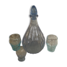 Liquor service consisting of a blue glass decanter and. 3 small antique glasses