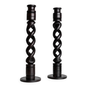 Set of 2 vintage dark wood candlesticks, twisted design, Italy, 1970s.