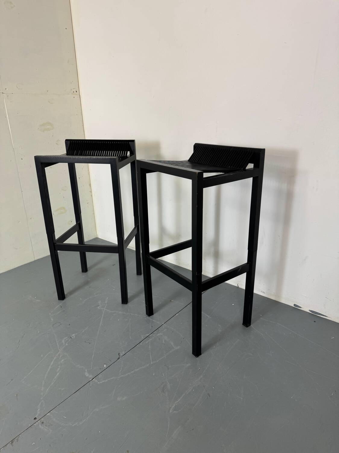 2 Modernist black Wood and Steel Bar Stools by Ruud Jan Kokke, 1980s