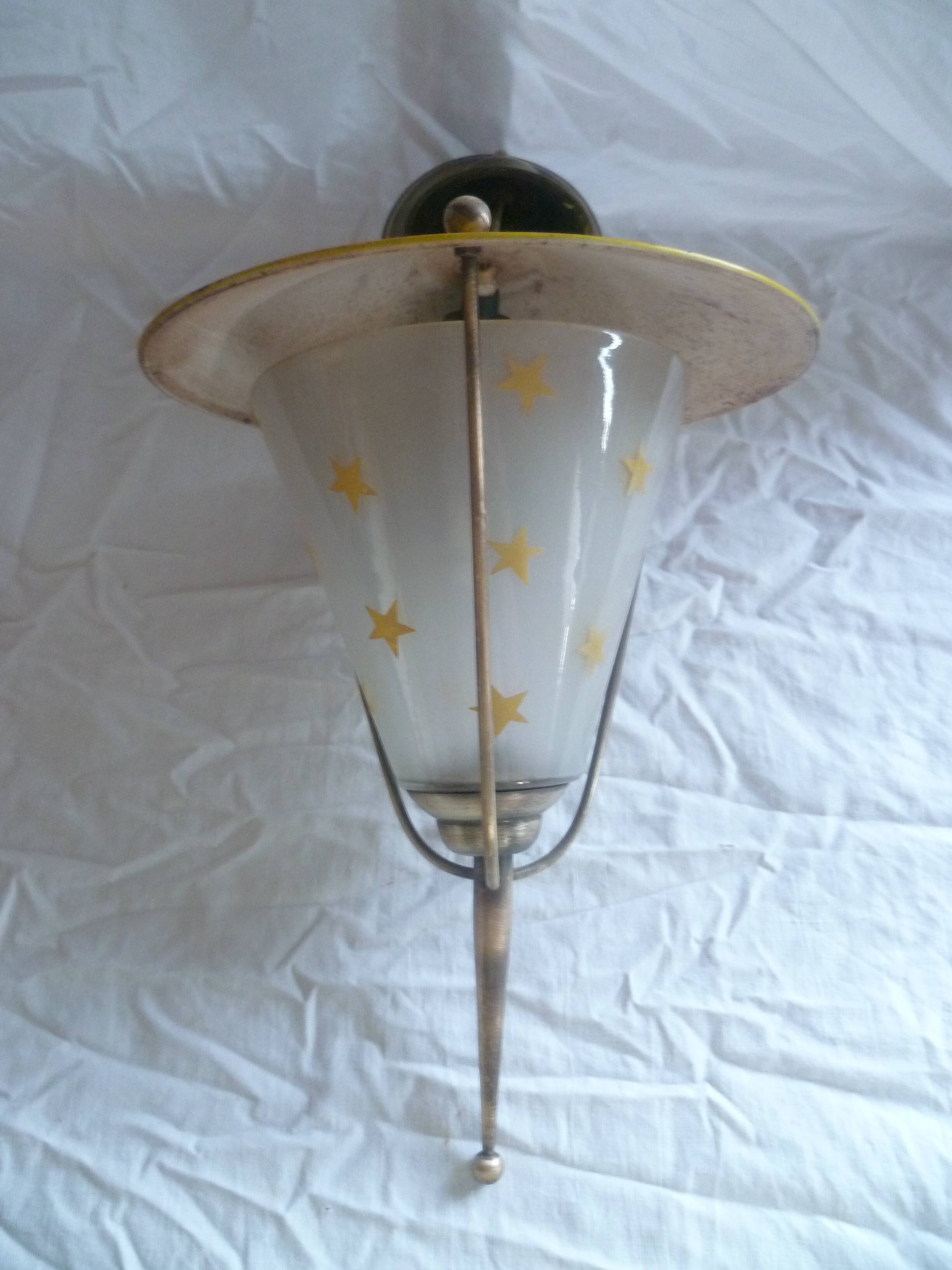 VINTAGE PAINTED SHEET METAL CHANDELIER BRASS & GLASS 50/60's YELLOW
