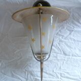 VINTAGE PAINTED SHEET METAL CHANDELIER BRASS & GLASS 50/60's YELLOW