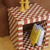 Side table - open cube bedside table with checkerboard in bone and terracotta resin