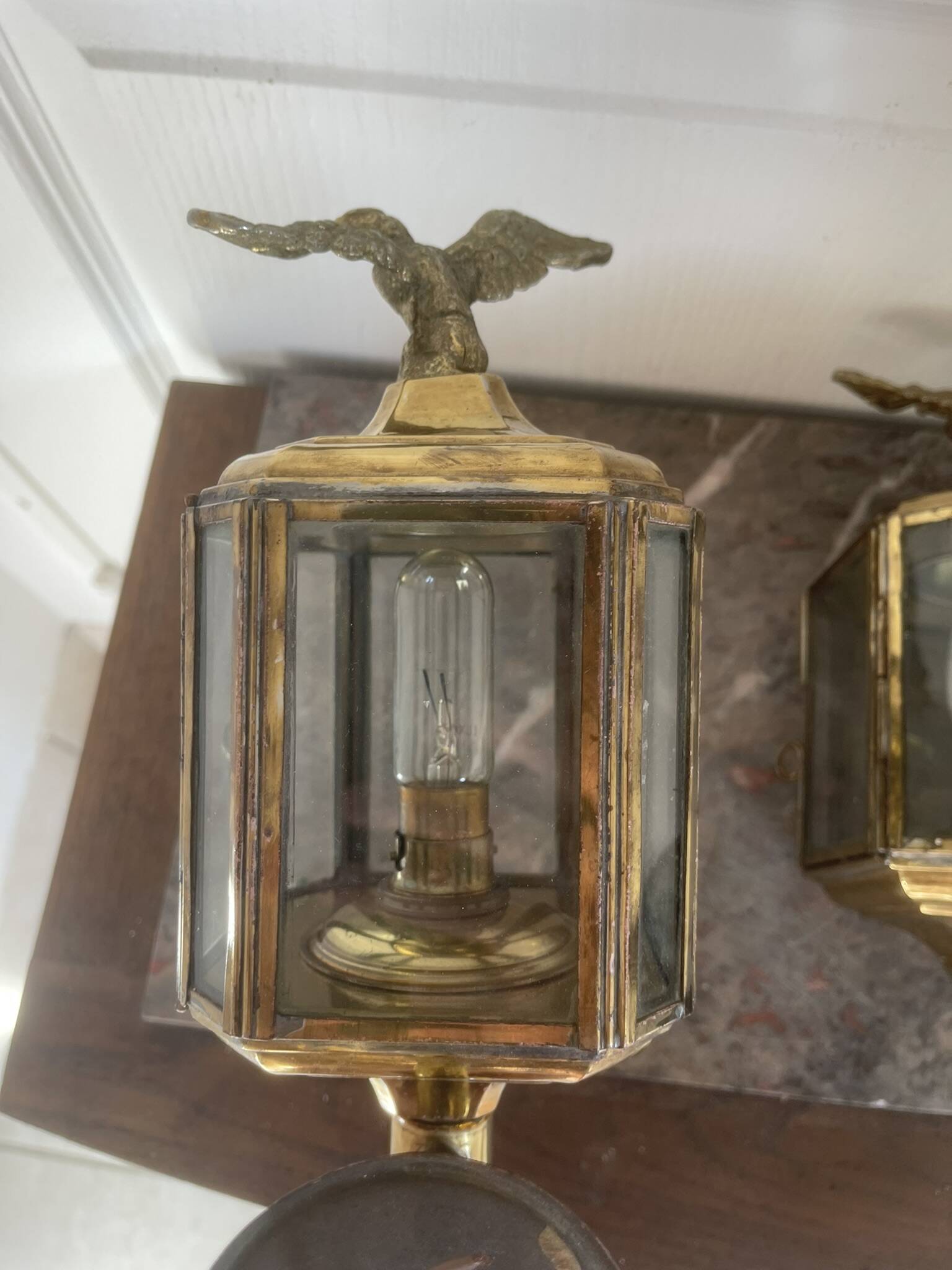 Old Pair of Gilded Brass Wall Lights in Carriage Lantern Eagle Empire Style