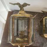 Old Pair of Gilded Brass Wall Lights in Carriage Lantern Eagle Empire Style